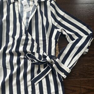 Ann Taylor Navy and White Striped wrap blouse - polyester